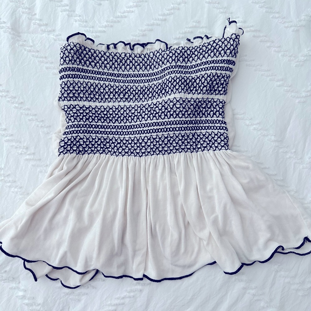 PacSun White and Navy Smocked Strapless Crop Top